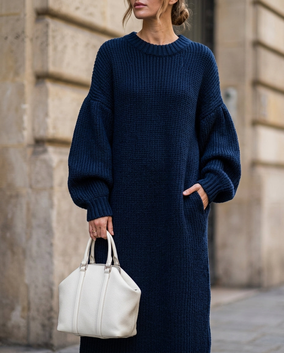 Women's Oversized Ribbed Knit Dress with Balloon Sleeves and Pockets