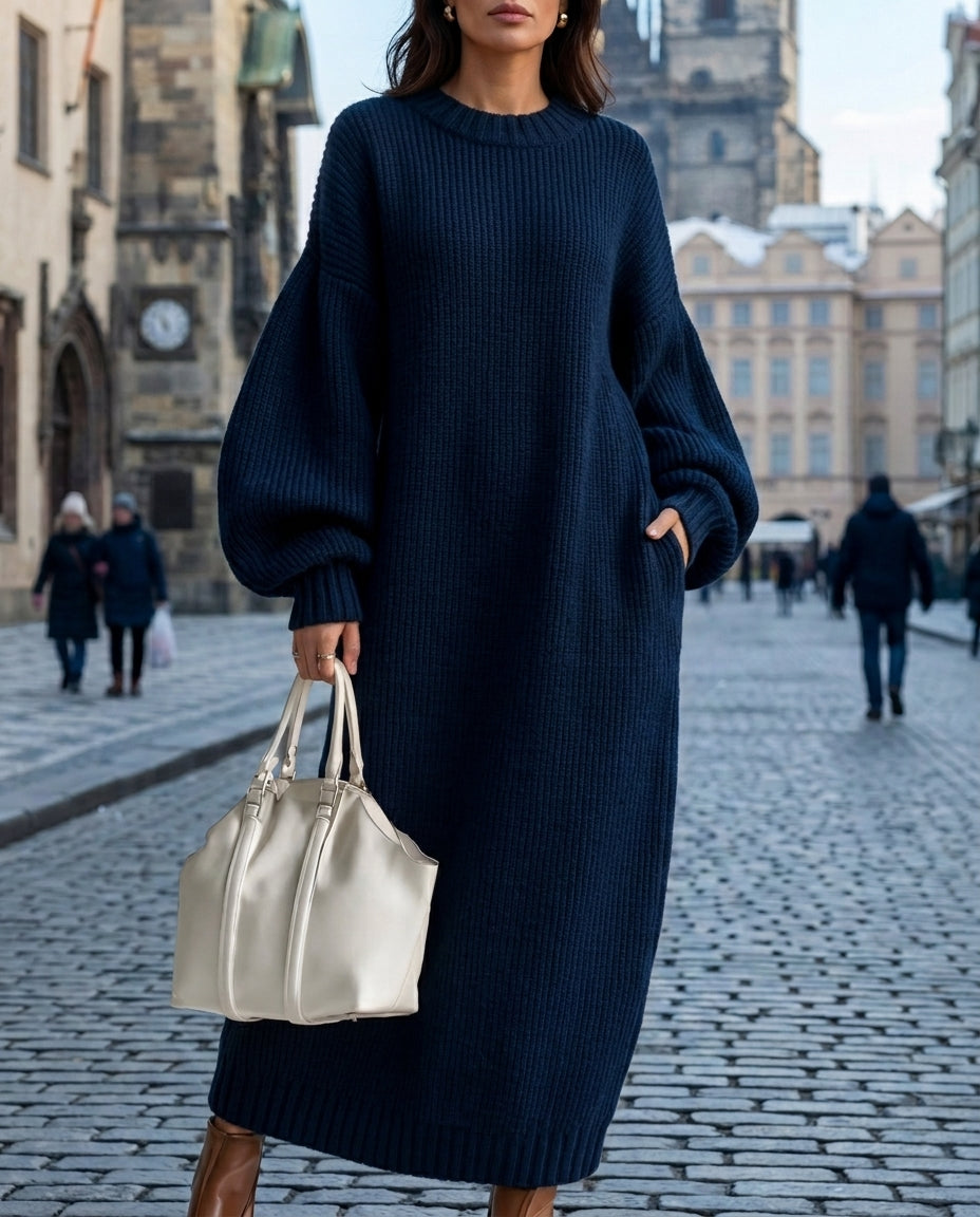 Women's Long Ribbed Sweater Dress with Round Neck and Balloon Sleeves