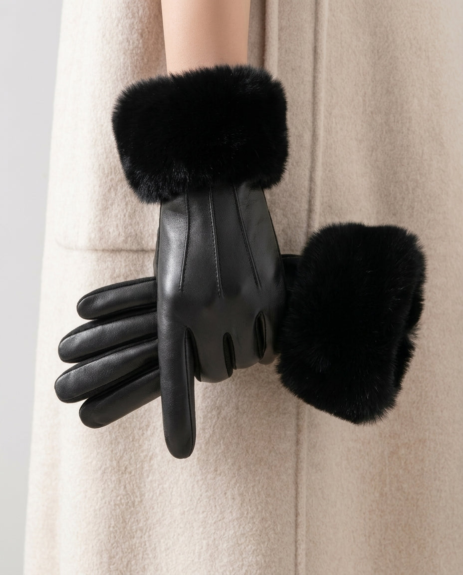 Women's Gloves with Fur-Look Cuffs and Visible Stitch Details