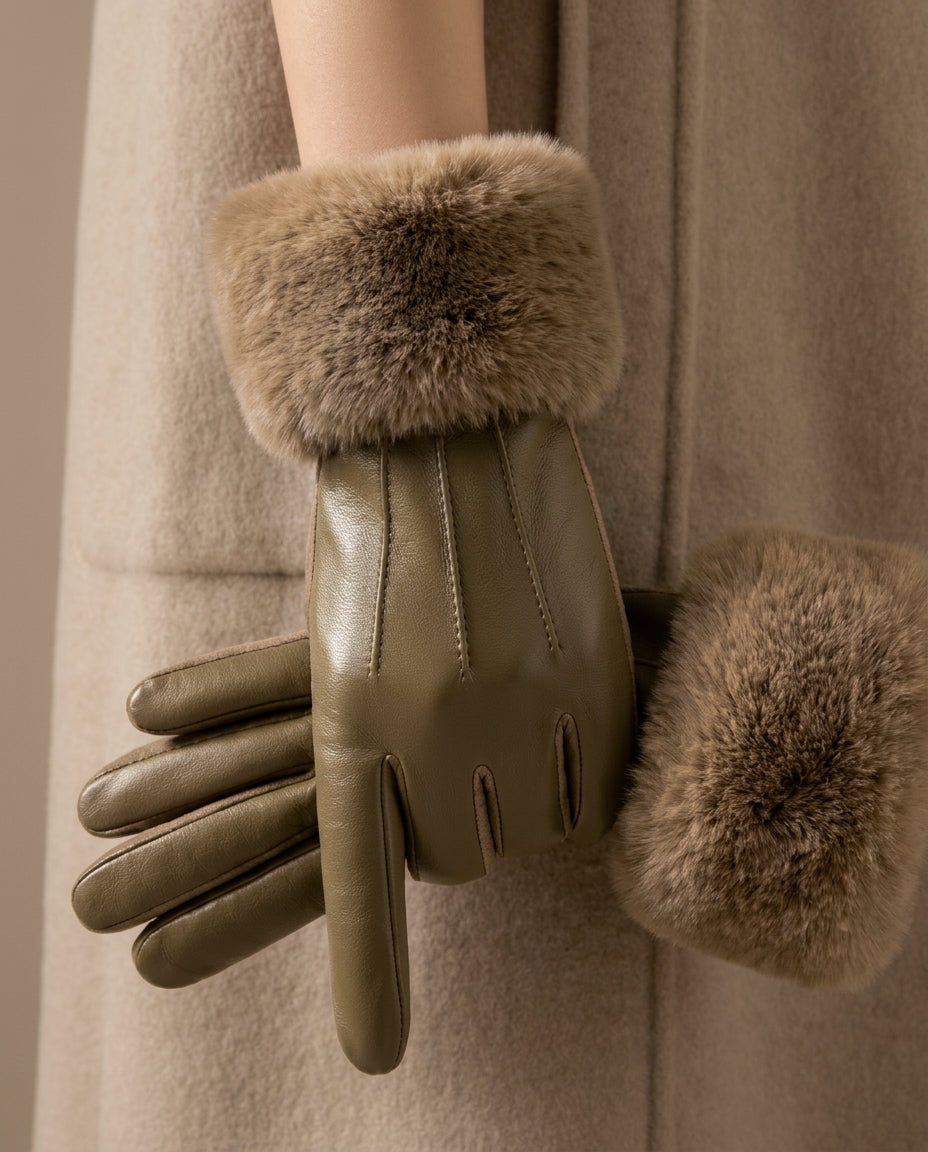 Women's Gloves with Fur-Look Cuffs and Visible Stitch Details