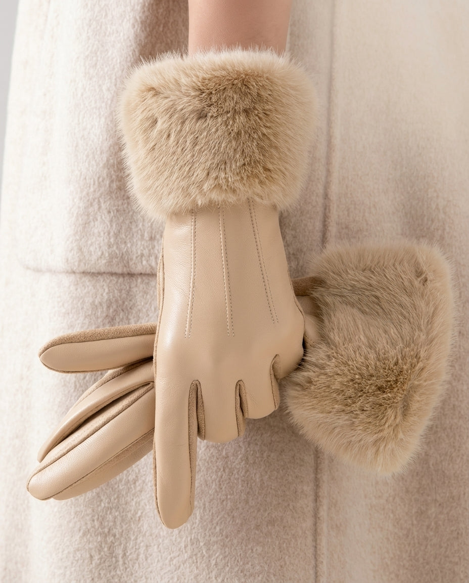 Women's Gloves with Fur-Look Cuffs and Visible Stitch Details