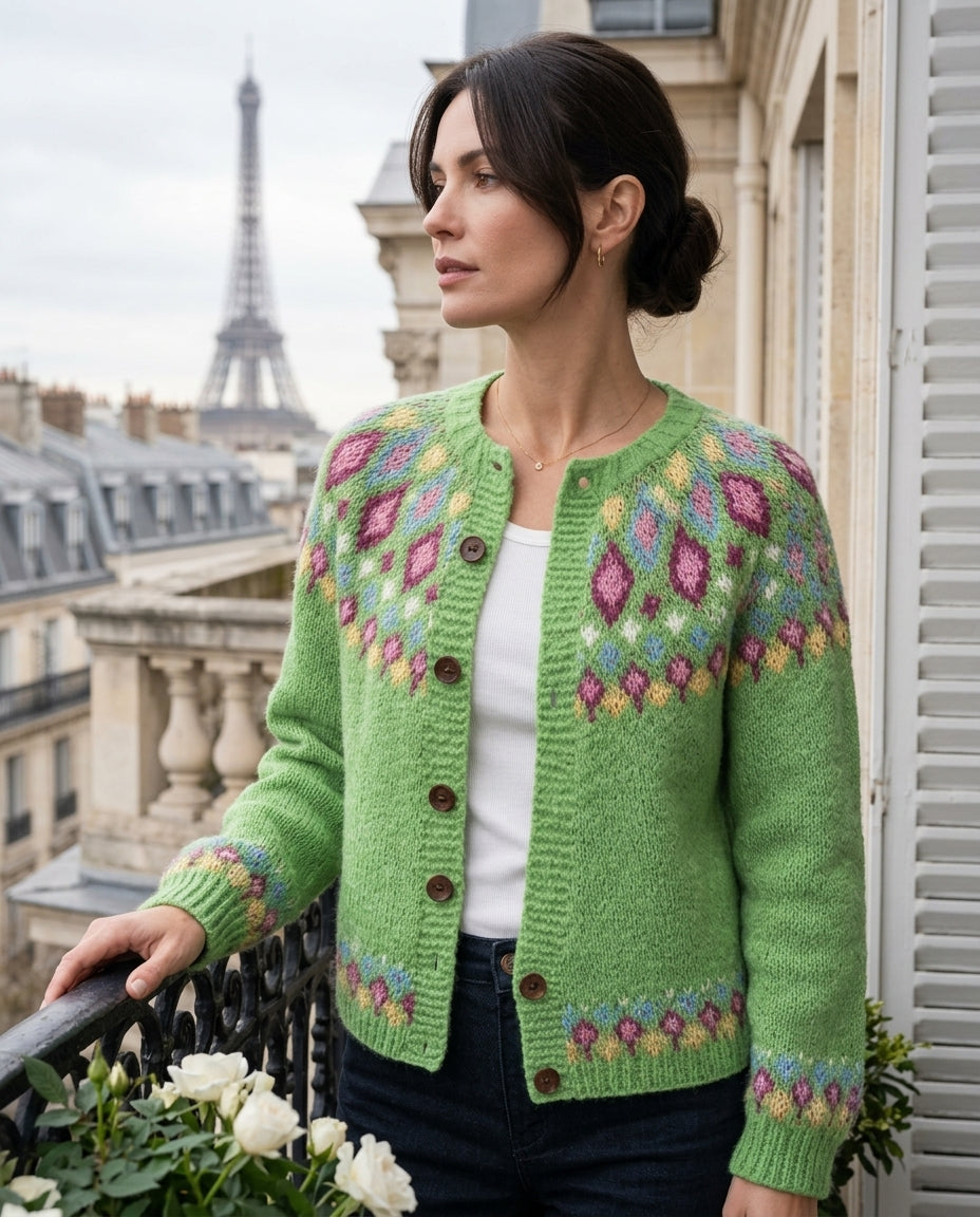Women's Fair Isle-Style Yoke Cardigan with Buttons and Ribbed Edges