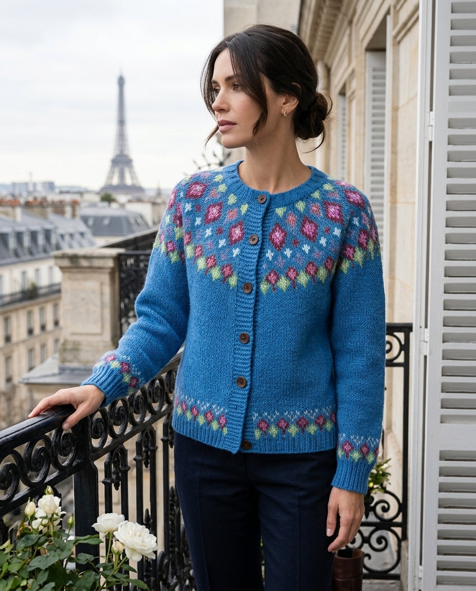 Women's Fair Isle-Style Yoke Cardigan with Buttons and Ribbed Edges