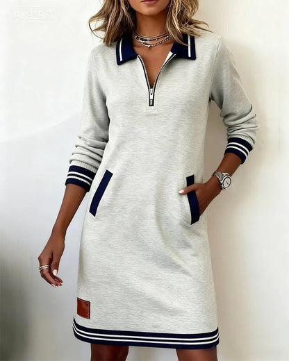 Women's Quarter-Zip Sweatshirt Dress with Striped Cuffs and Pockets