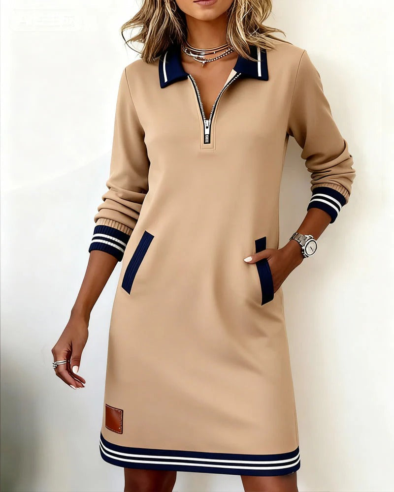 Women's Quarter-Zip Sweatshirt Dress with Striped Cuffs and Pockets