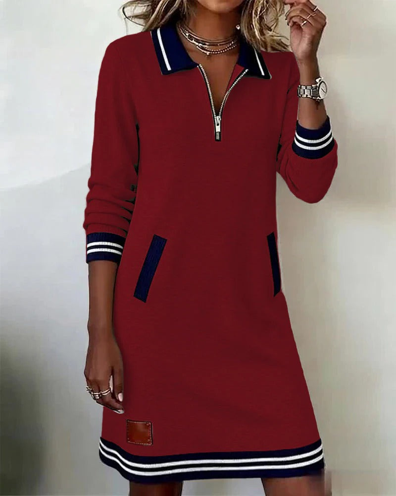 Women's Quarter-Zip Sweatshirt Dress with Striped Cuffs and Pockets