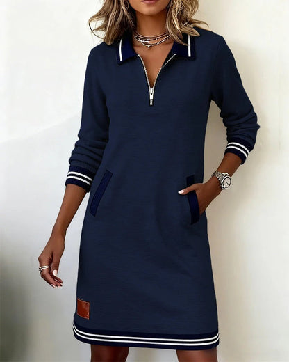 Women's Quarter-Zip Sweatshirt Dress with Striped Cuffs and Pockets