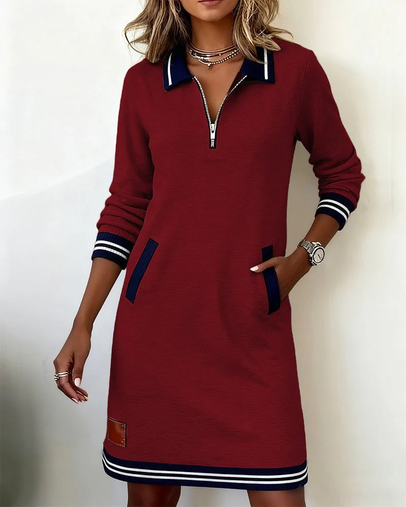 Women's Quarter-Zip Sweatshirt Dress with Striped Cuffs and Pockets