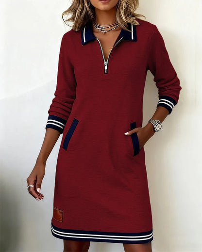 Women's Quarter-Zip Sweatshirt Dress with Striped Cuffs and Pockets