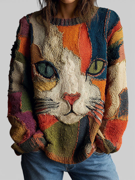 Women's Color-Block Patchwork Sweater with Cat Design and Crewneck