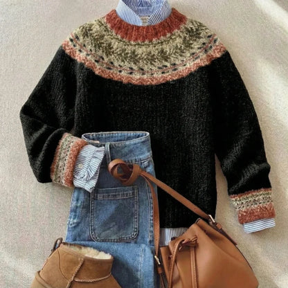 Women's Fair Isle-Style Knit Sweater with Crewneck and Patterned Yoke