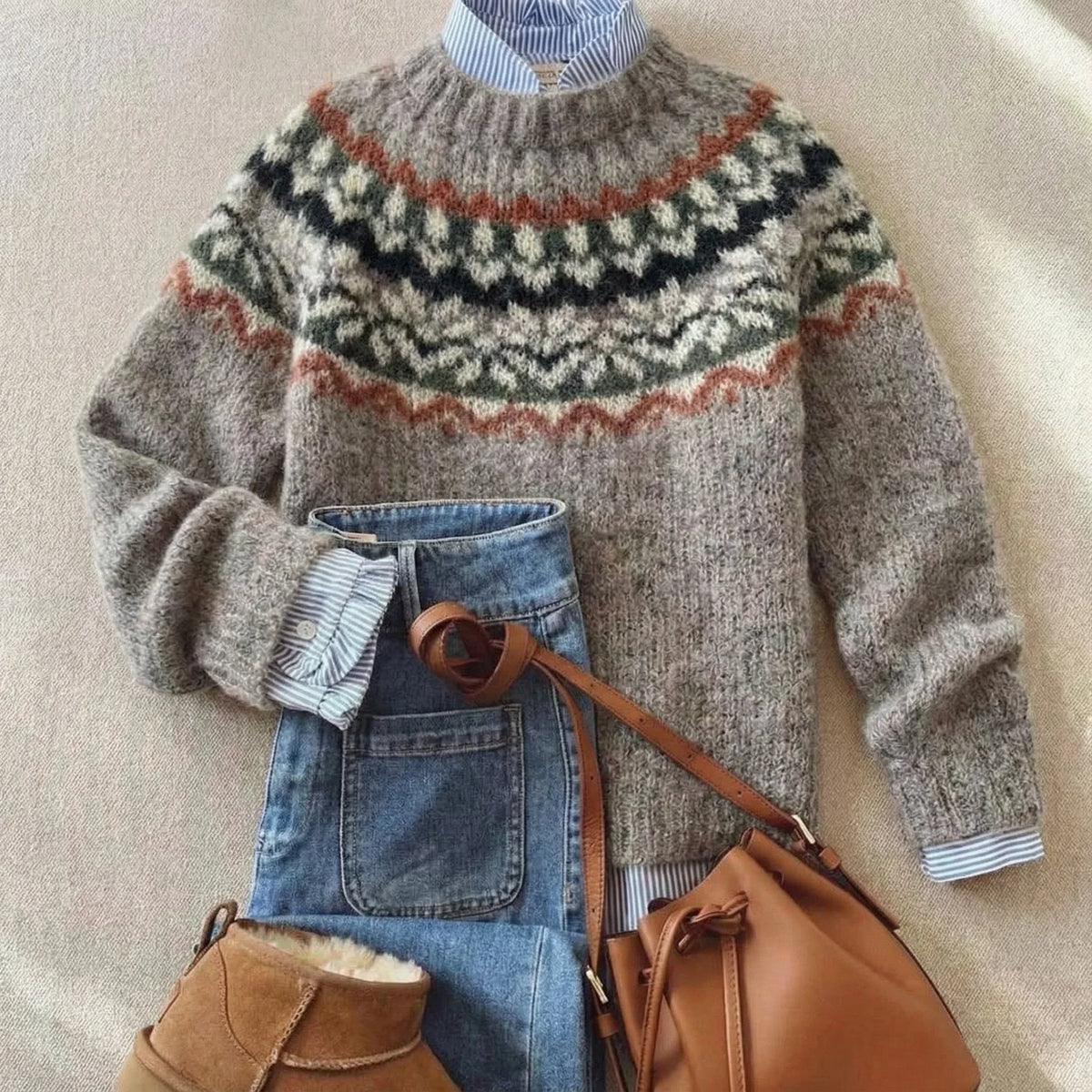 Women's Fair Isle-Style Knit Sweater with Crewneck and Patterned Yoke