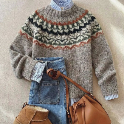 Women's Fair Isle-Style Knit Sweater with Crewneck and Patterned Yoke