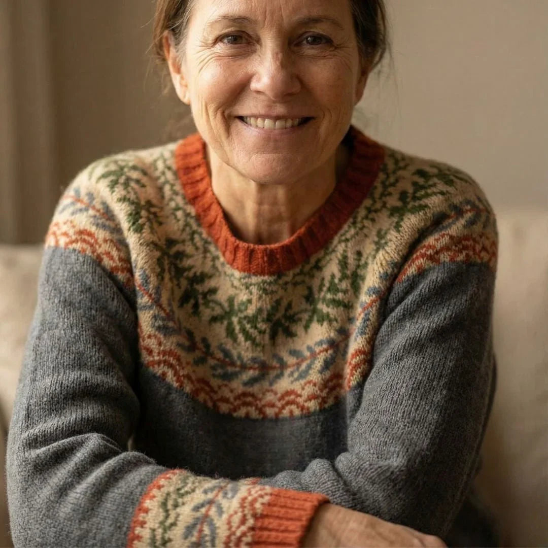 Women's Fair Isle-Style Knit Sweater with Crewneck and Patterned Yoke