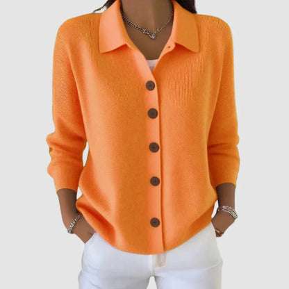 Women's Collared Knit Cardigan with Button Front and Ribbed Cuffs