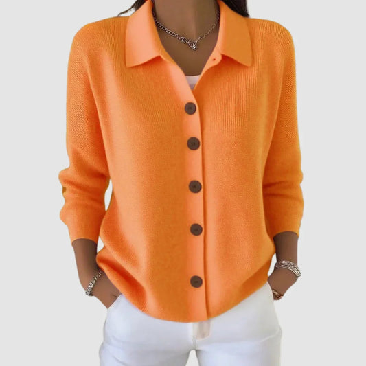 Women's Collared Knit Cardigan with Button Front and Ribbed Cuffs