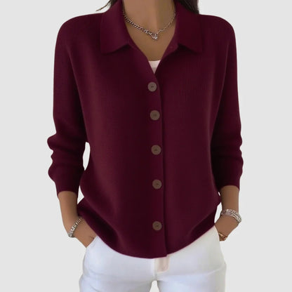 Women's Collared Knit Cardigan with Button Front and Ribbed Cuffs