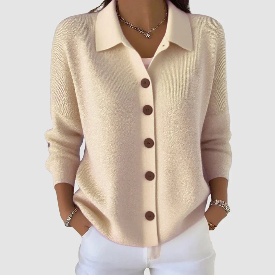 Women's Collared Knit Cardigan with Button Front and Ribbed Cuffs
