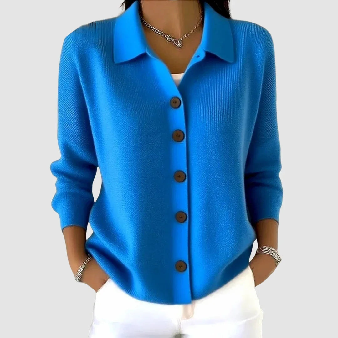 Women's Collared Knit Cardigan with Button Front and Ribbed Cuffs
