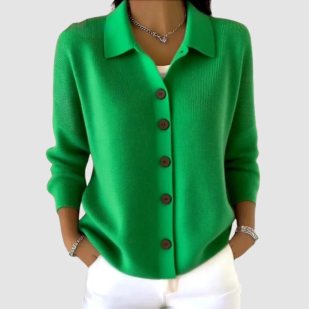 Women's Collared Knit Cardigan with Button Front and Ribbed Cuffs