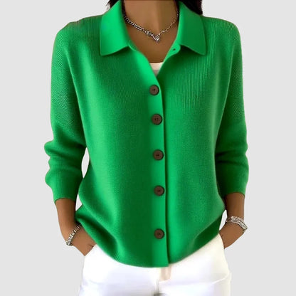 Women's Collared Knit Cardigan with Button Front and Ribbed Cuffs