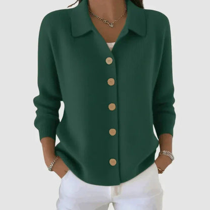 Women's Collared Knit Cardigan with Button Front and Ribbed Cuffs