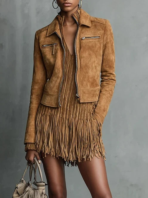 Women's Cropped Lapel Jacket with Front Zipper and Long Sleeves