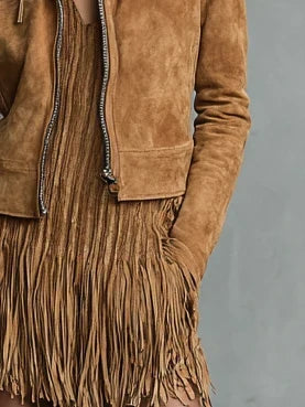 Women's Cropped Lapel Jacket with Front Zipper and Long Sleeves