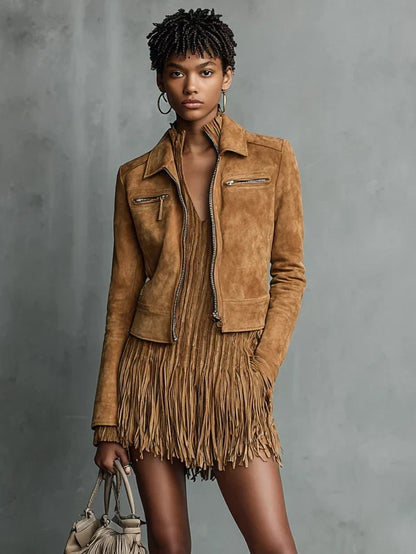 Women's Cropped Lapel Jacket with Front Zipper and Long Sleeves