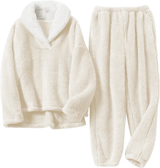 Women's Two-Piece Textured Lounge Set with V-Neck Top and Cuffed Pants