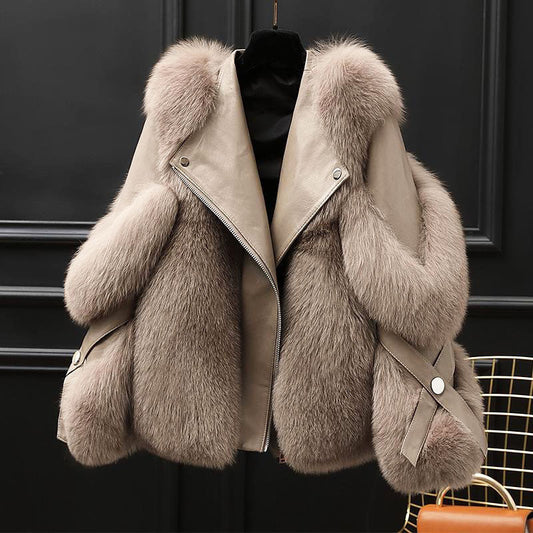 Women's Zipper Jacket with Oversized Fur-Look Collar and Cuffs