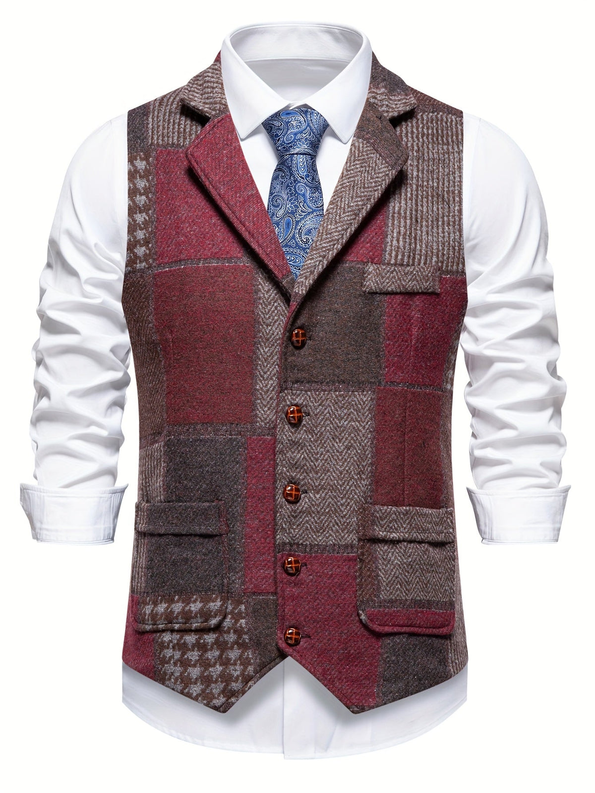 Men's Plaid Button-Front Waistcoat with Lapel Collar