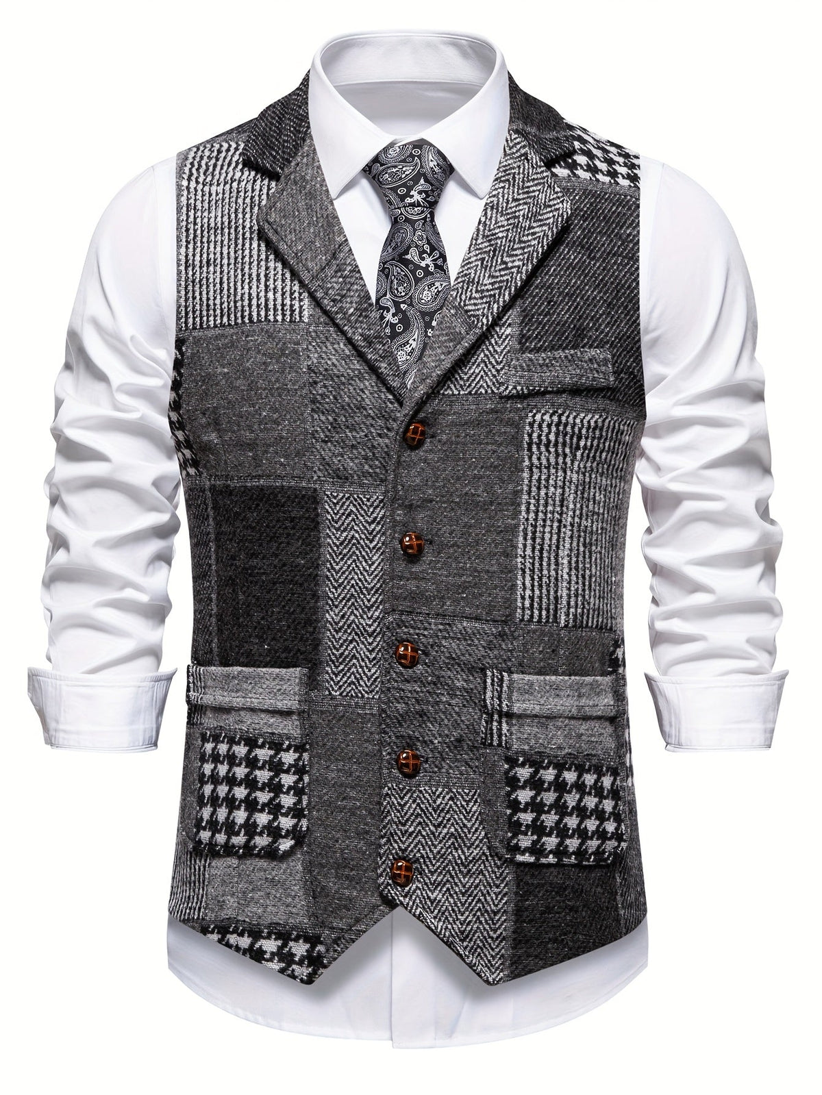 Men's Plaid Button-Front Waistcoat with Lapel Collar