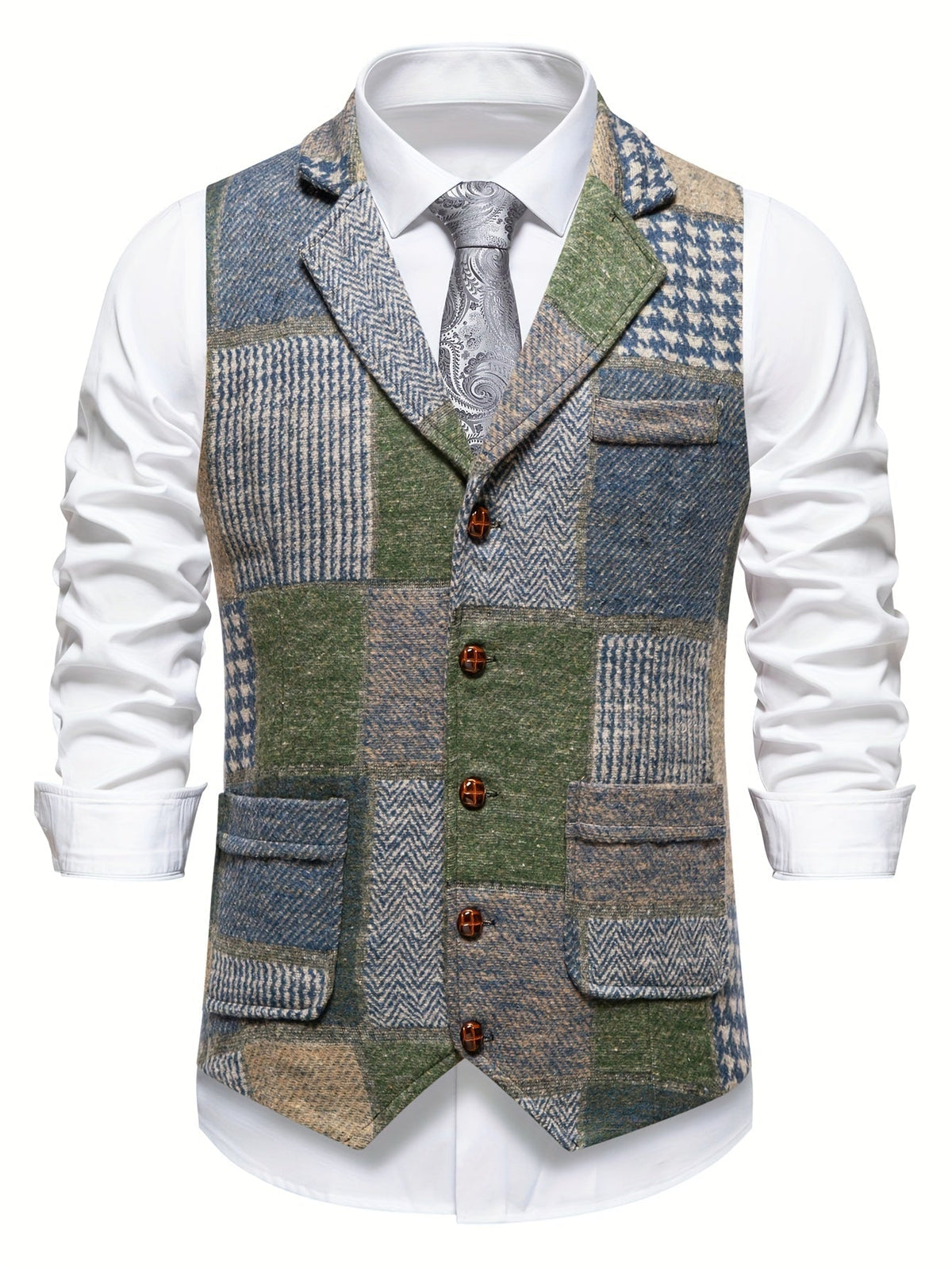 Men's Plaid Button-Front Waistcoat with Lapel Collar