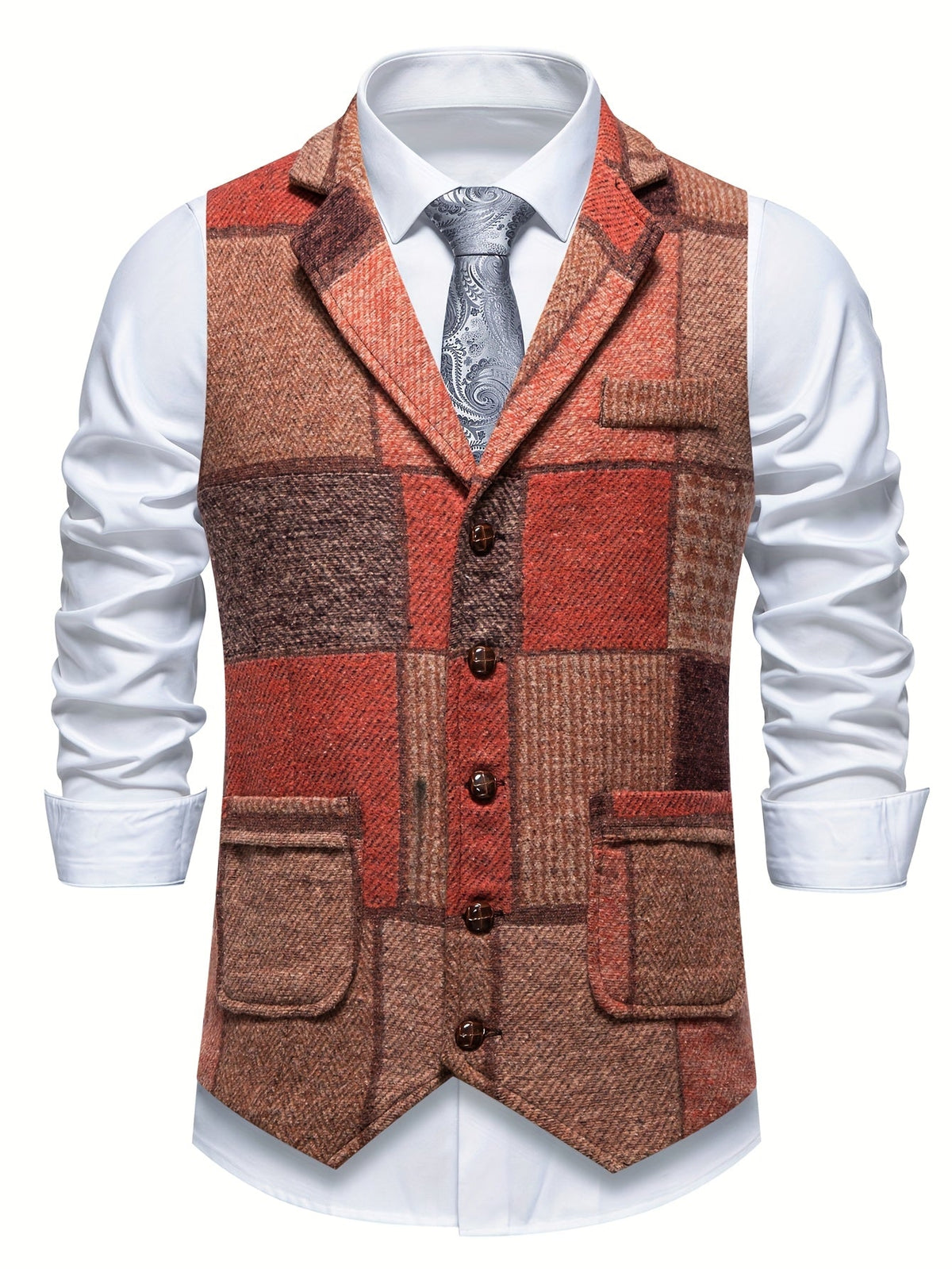 Men's Plaid Button-Front Waistcoat with Lapel Collar