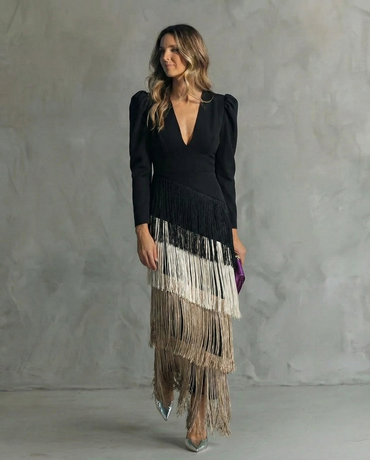Women's Flowy V-Neck Long-Sleeve Dress