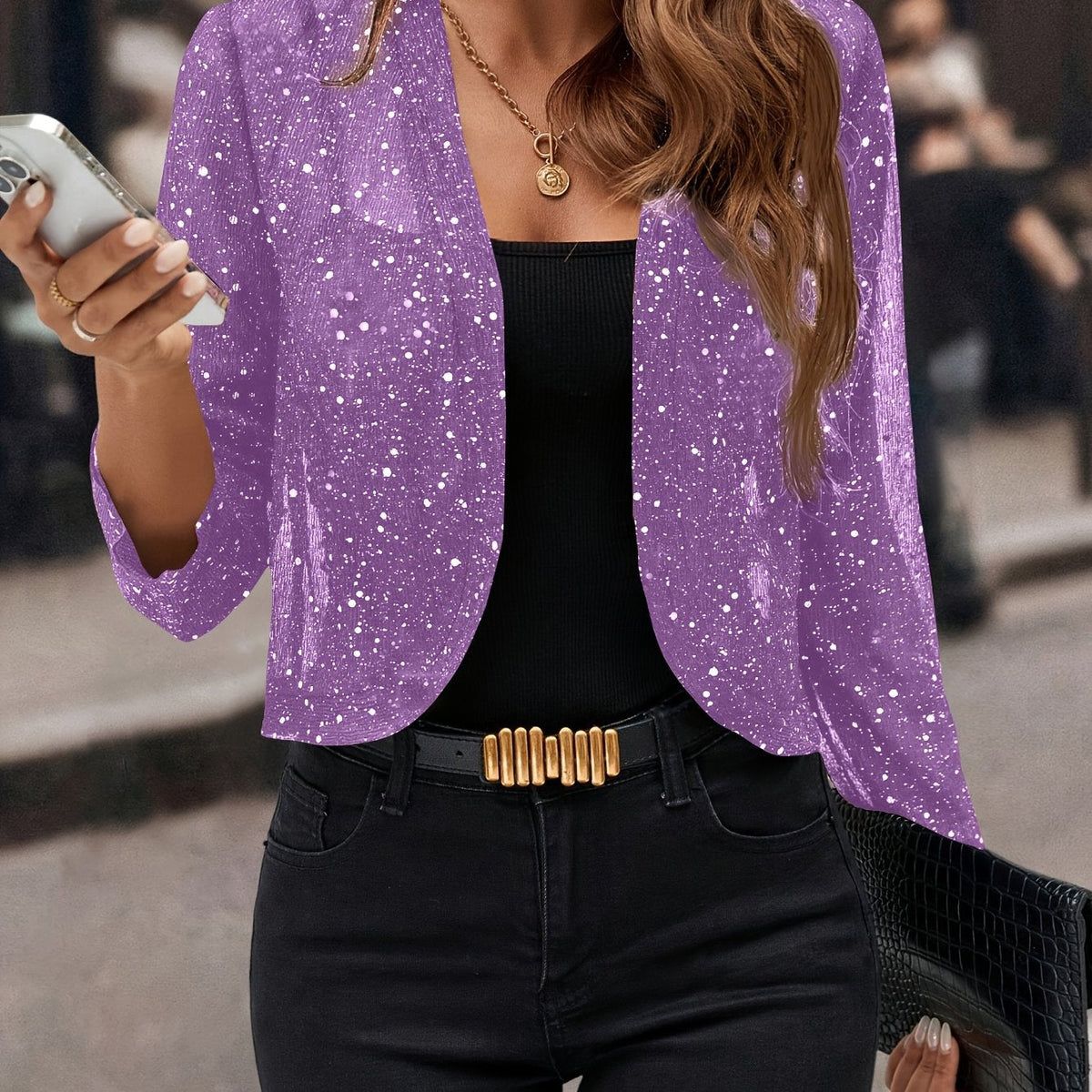Women's Cropped Jacket with Sparkling Surface Detail