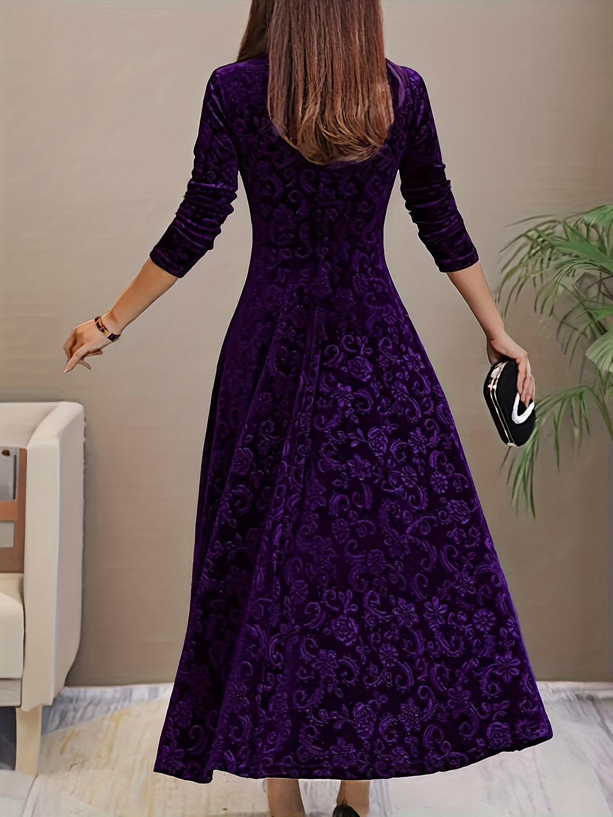 Women's Patterned Midi Dress with Three-Quarter Sleeves