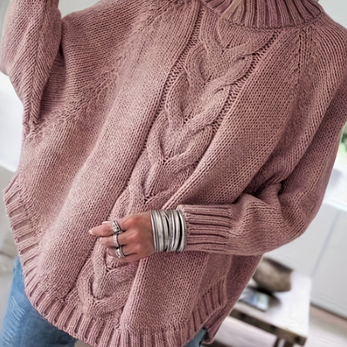 Women's High-Neck Cable-Knit Sweater