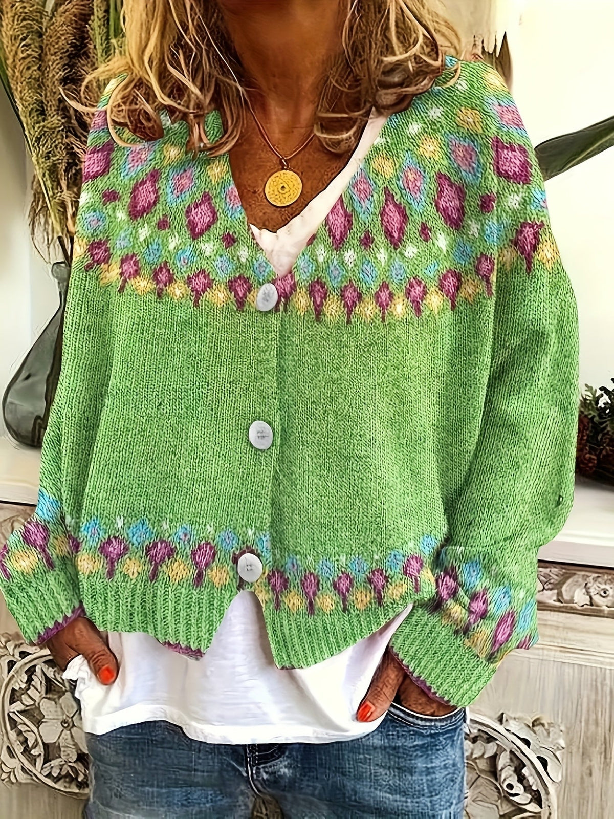 Women's Floral-Pattern V-Neck Button Cardigan