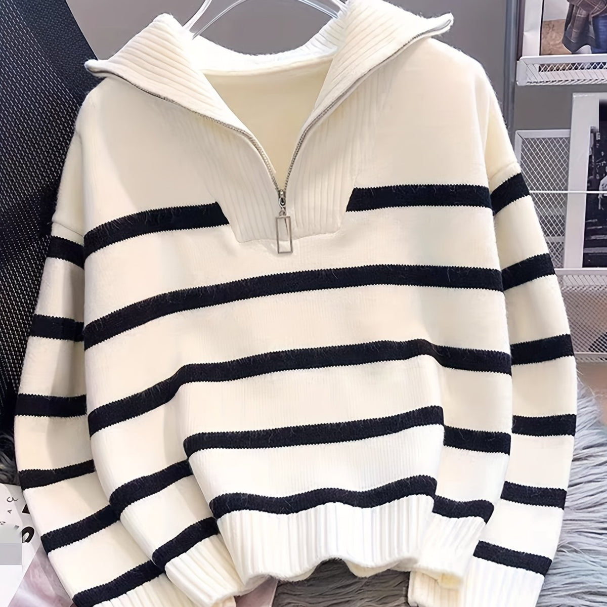 Women's Striped Quarter-Zip Sweater
