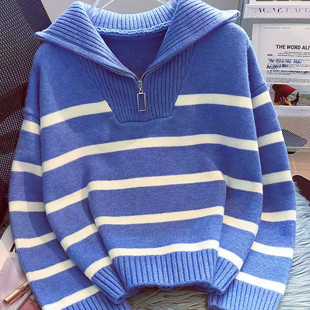Women's Striped Quarter-Zip Sweater