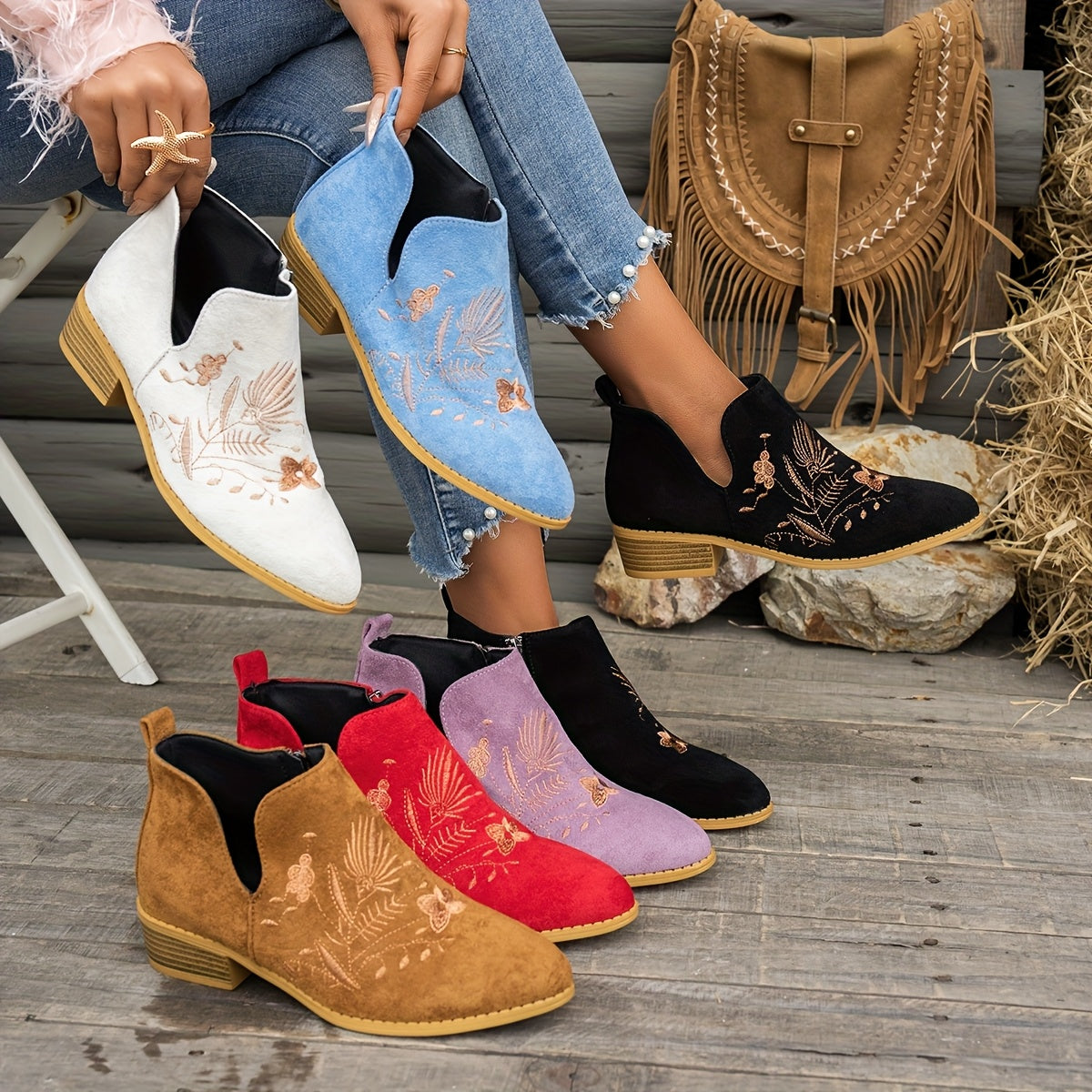 Women's Embroidered Low-Heel Ankle Boots