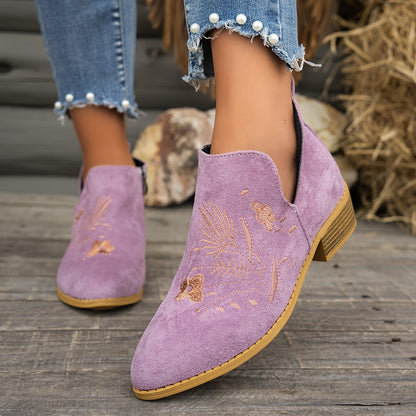 Women's Embroidered Low-Heel Ankle Boots
