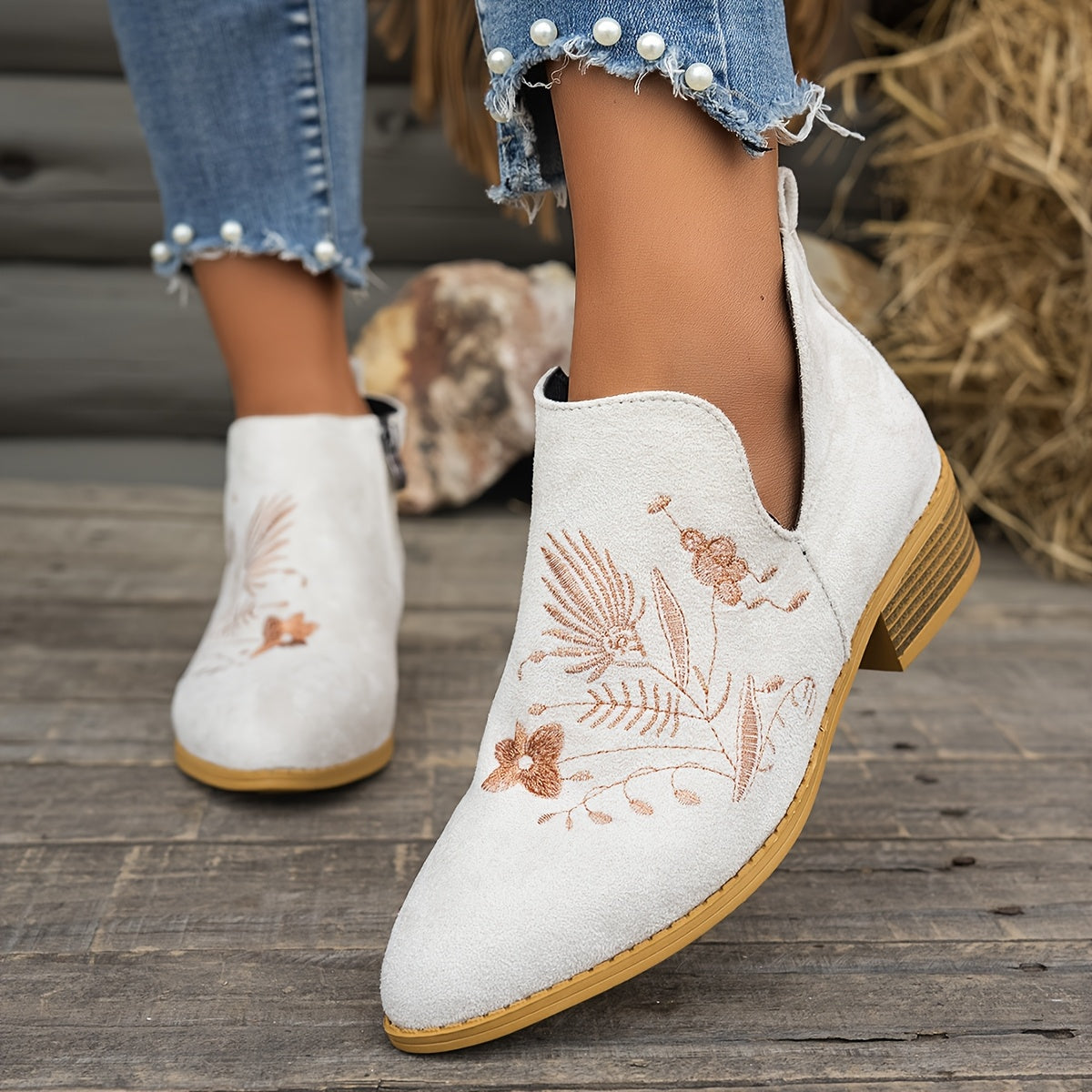 Women's Embroidered Low-Heel Ankle Boots