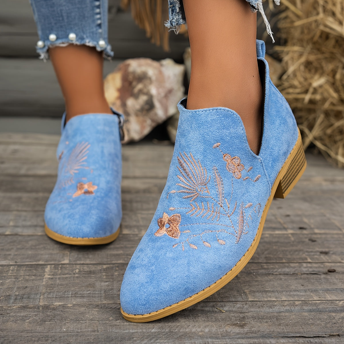 Women's Embroidered Low-Heel Ankle Boots