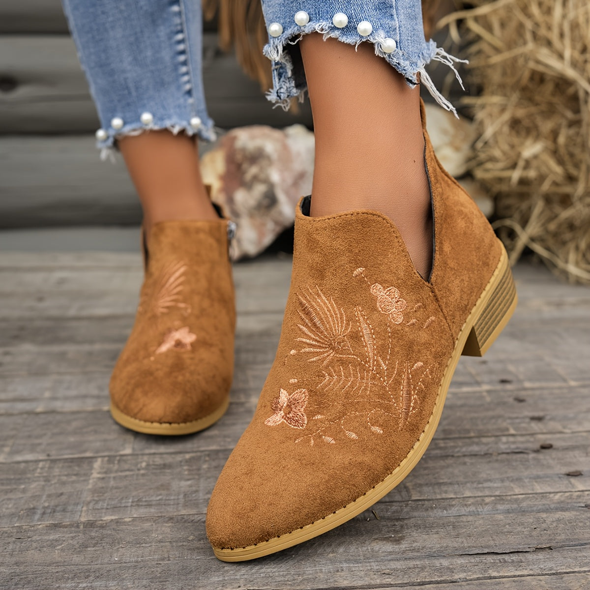 Women's Embroidered Low-Heel Ankle Boots
