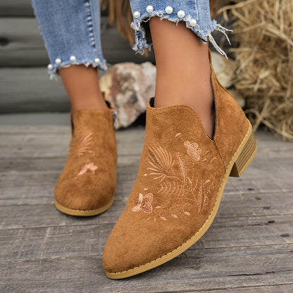 Women's Embroidered Low-Heel Ankle Boots