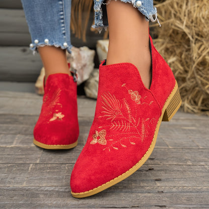 Women's Embroidered Low-Heel Ankle Boots