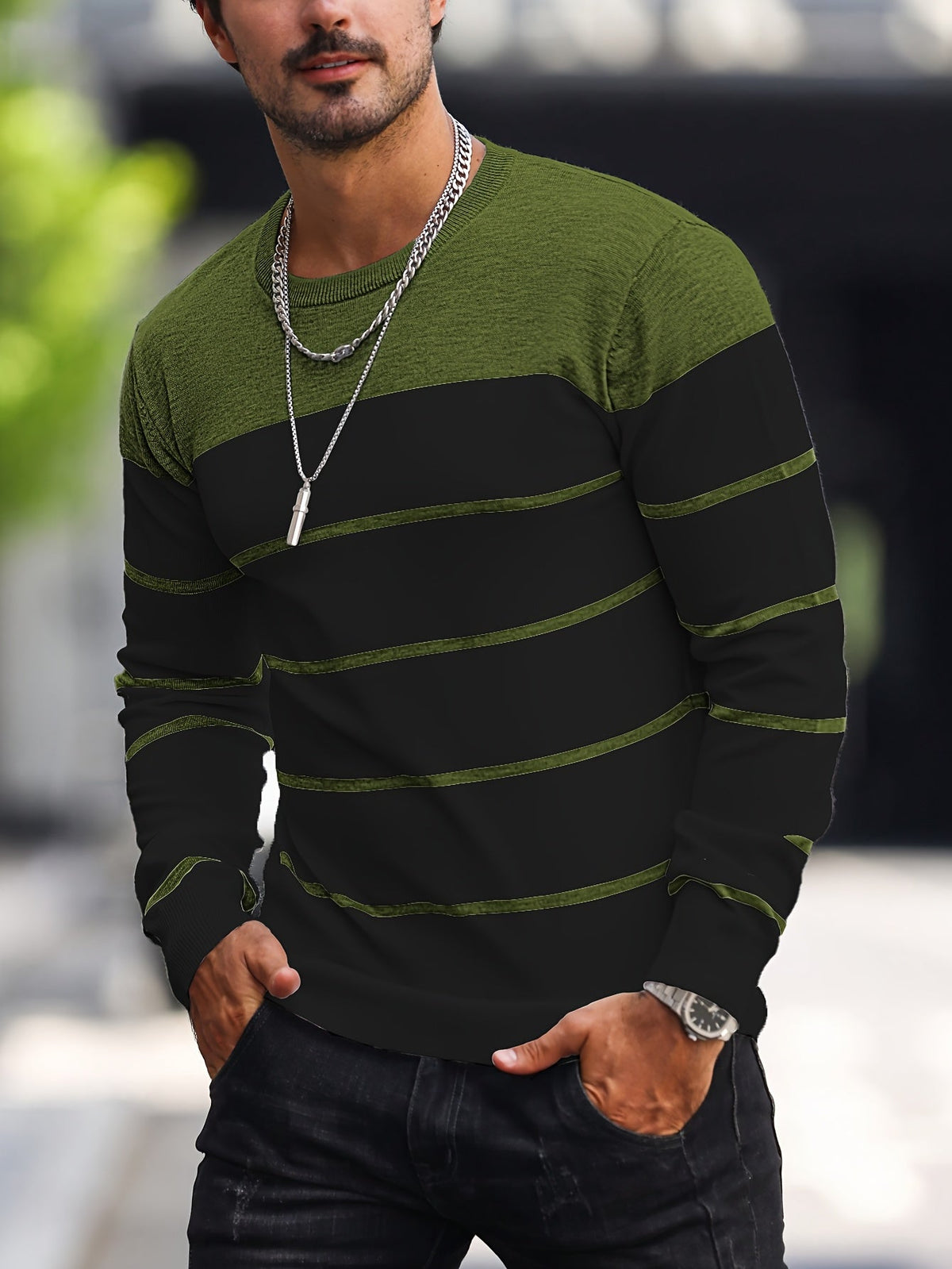 Men's Striped Long-Sleeve Knit Sweater